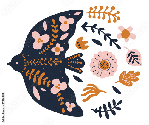 Decorative bird emblem with floral ornament in ethnic style