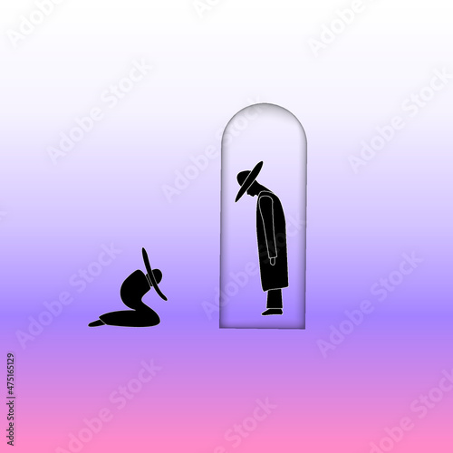 Silhouette of a man in a prayer pose. The man asks for forgiveness. an offended person under a glass flask does not hear a plea.impossibility of forgiveness.