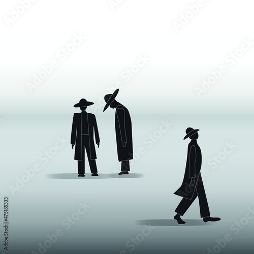 Wallpaper Mural silhouettes of three male figures in raincoats and hats. one guiltily bowed his head in front of the other, the third leaves with his head raised Torontodigital.ca