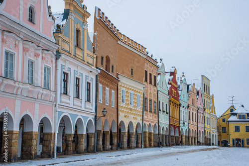 Square in old Telc town in winter dark cold morning