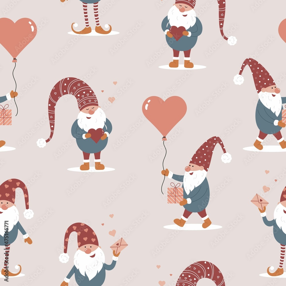 Seamless cute pattern with scandinavian gnomes. Happy Valentines day. Love. Vector illustration in trendy cartoon style. Nordic design for postcard, print, textile, wrapping paper, poster, wallpaper.