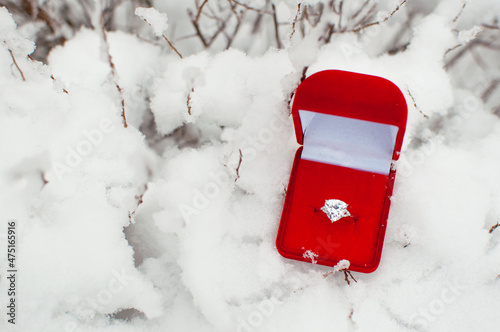 a ring with a large gemstone in a red box in the snow with a place for text