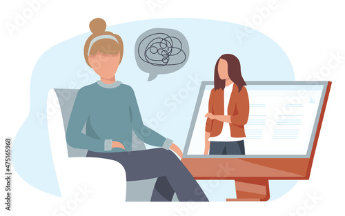 Doctor and patient discussing mental tangled rope, using computer for distance talk. Woman consulting psychologist online.  Vector illustration for counseling, therapy, psychology, support concept.