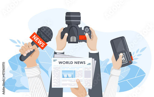 Journalism. Camera and photos. Mass media, television, interview, breaking news, press conference concept. Flat vector photo