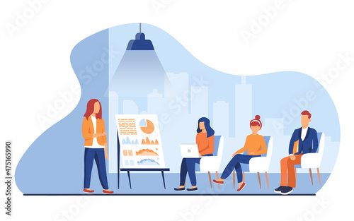 Coach speaking before audience. Mentor presenting charts and reports, Employees meeting at business training, seminar or conference. Vector illustration for presentation, lecture, education concept
