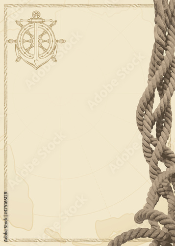 Vector background with twisted rope, old ship anchor, steering wheel and place for text on a beige. Great for certificate, diploma, banner, label, design element. Vintage illustration on travel theme