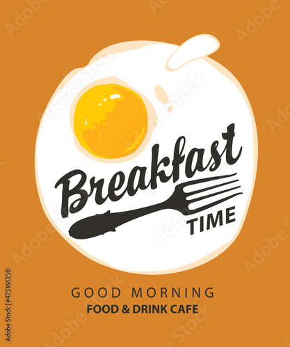 Breakfast banner with a delicious scrambled egg and a black fork on an orange background. Vector food and drink menu or flyer in retro style on the theme of Breakfast time