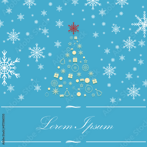 Christmas Tree made of Xmas icons and elements, snowflakes. Christmas card. Vector