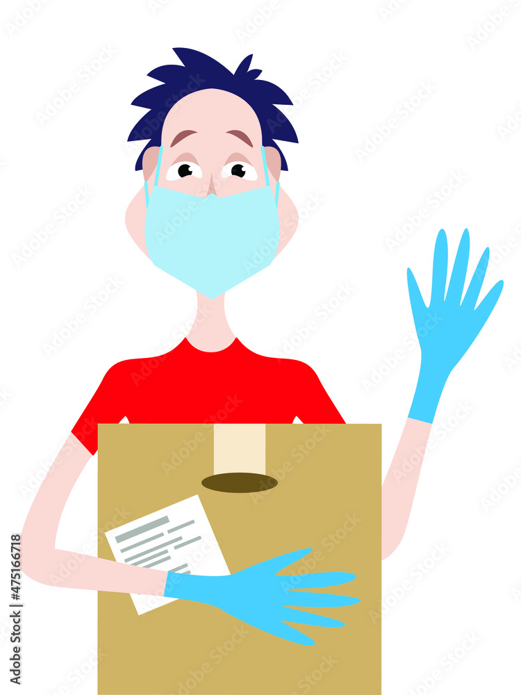 Vector graphics - a cheerful friendly young male deliveryman in a medical mask and protective gloves with a large box in his hands. Concept - safe service during a pandemic or volunteer