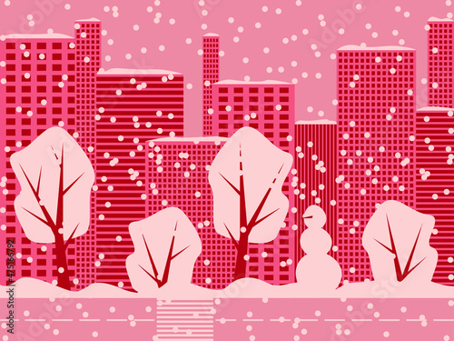 Vector graphics - a beautiful cityscape with modern high houses, snow-covered trees and snowfall of trendy monochrome colors. Concept - hello winter