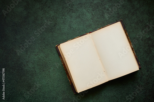 Open old book on green textured background with space for text