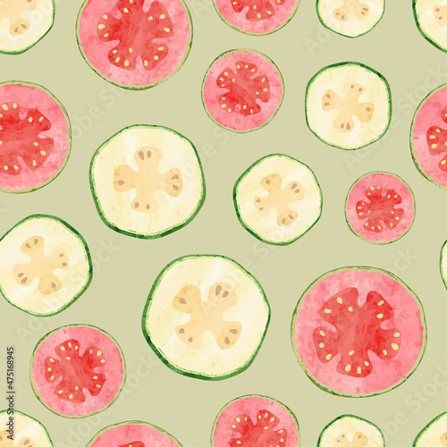 Seamless tropical fruit pattern with watercolor feijoa and guava slices. Food background	