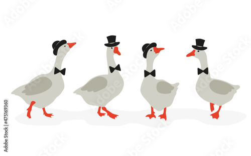 Cute cartoon geese gentlemen set.  Vector illustration of funny goose.