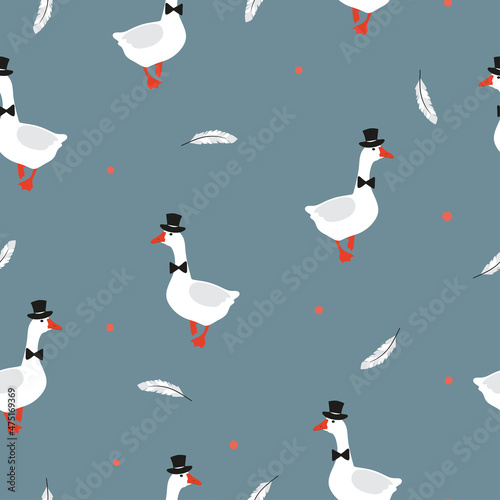 Seamless cartoon geese gentlemen pattern for kids. Vector goose illustration