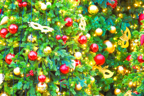 Beautiful Christmas tree with decorations and lights as background