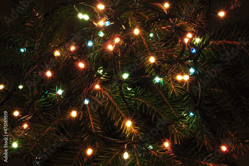 Lights garland on Christmas fir tree in night. Christmas holidays background