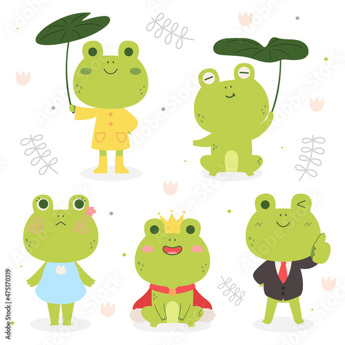 Set of happy cute frog wearing different costumes cartoon in flat design