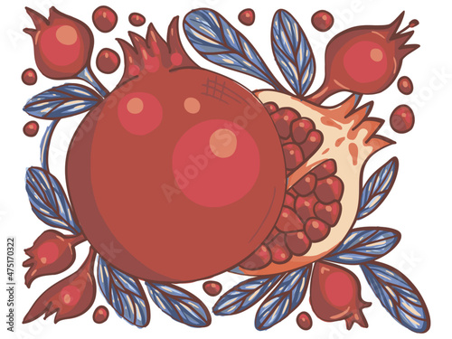 Armenian pomegranate fruit. Colorful pomegranate fruits and flowers and seeds. Armenian national symbol in Armenia, Yerevan and Mount Ararat