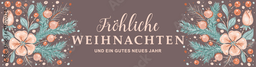 Boho Christmas horizontal banner. German text Frohlich Weihnachten und neue Jahr. German words Frohe Weihnachten. Christmas in different languages Deutsche holiday Weihnachtskarte 