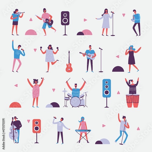 People playing musical instruments vector illustrations set. Young singer recording song with professional equipment cartoon character.