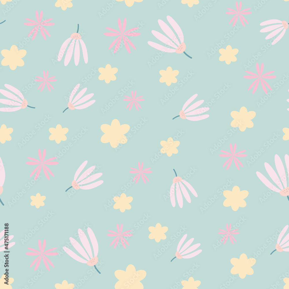 Seamless vector pattern of pink flowers on a light blue background. Colorful spring flowers pattern for textile, fabric, wallpaper, wrapping paper. Romantic, light background.