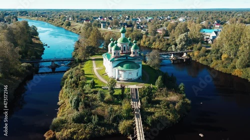 Aerial view of the Orthodox Church located on the tiny island in the town of Olonets in Russia photo