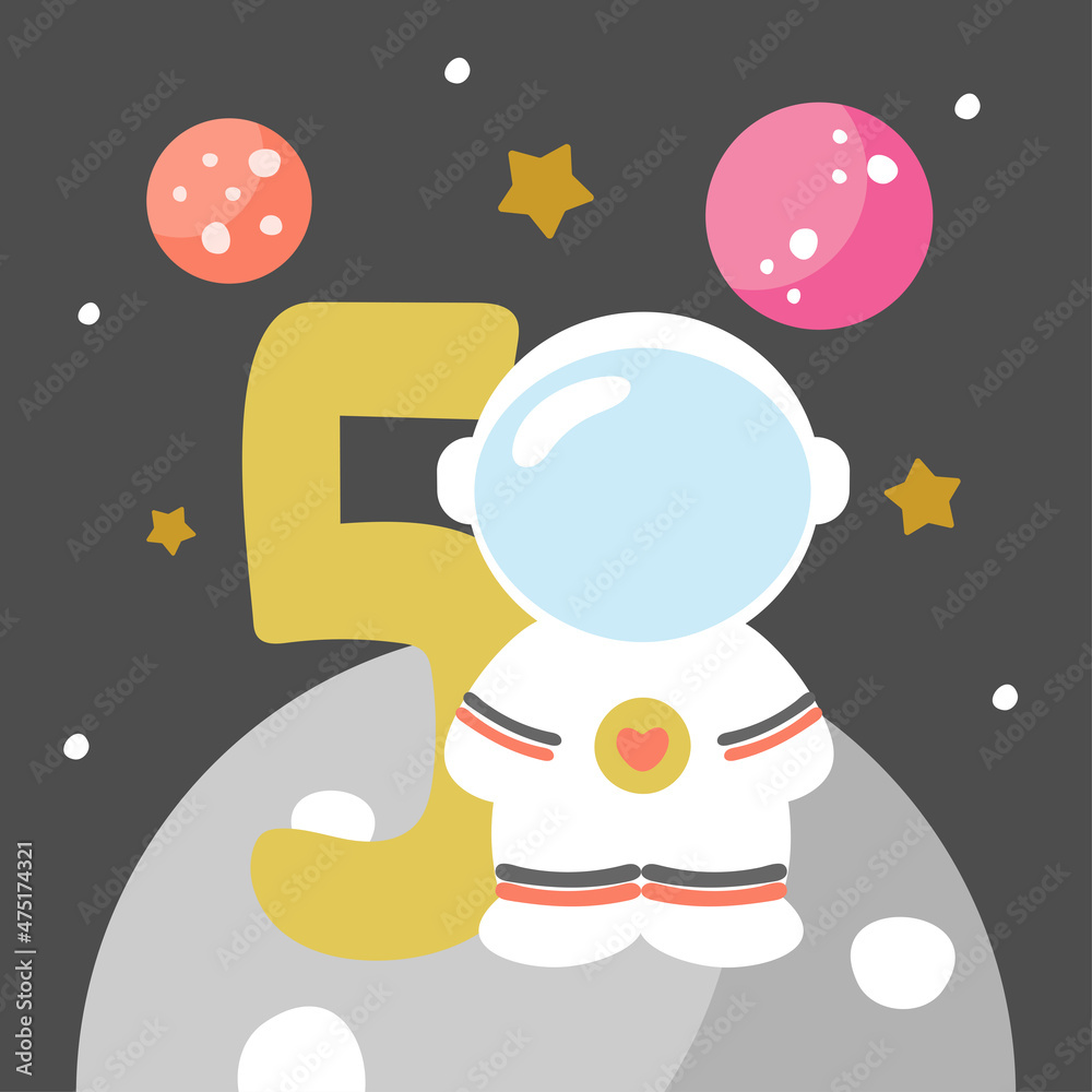 Space Party Invitation Card Template, Birthday Party in Cosmic Style Celebration, Greeting Card, Flyer Cartoon Vector. Kids illustration with planets, cosmonaut and number five.