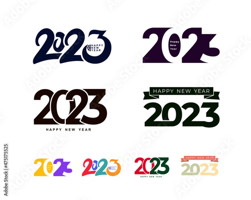 Set of logo design 2023 Happy New Year. 2023 number design template. Vector collection 2023 happy new year symbols. Decorative christmas elements blue and pink labels isolated on white background.