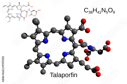 Chemical formula, structural formula and 3D ball-and-stick model of the anticancer drug talaporfin, white background photo