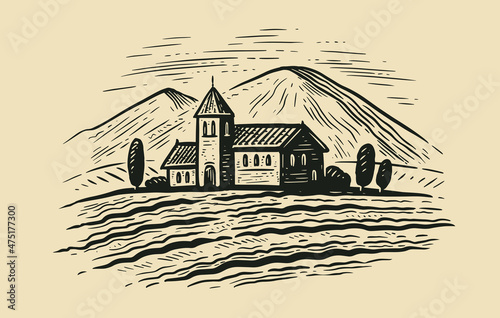 House in village with trees and plowed land. Farm near mountains sketch vector