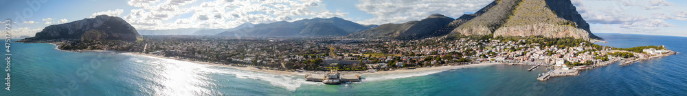 Beach of Mondello in Palermo, Italy. Aerial view from drone