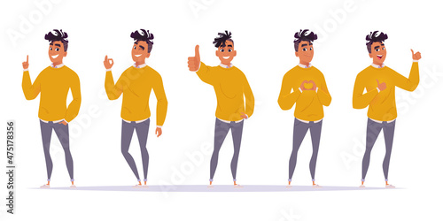 African American guy shows gestures like super, cool, heart, raised his finger up. Set of different poses and gestures photo