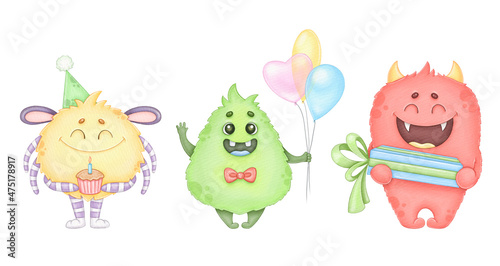 Birthday monsters  watercolor illustration