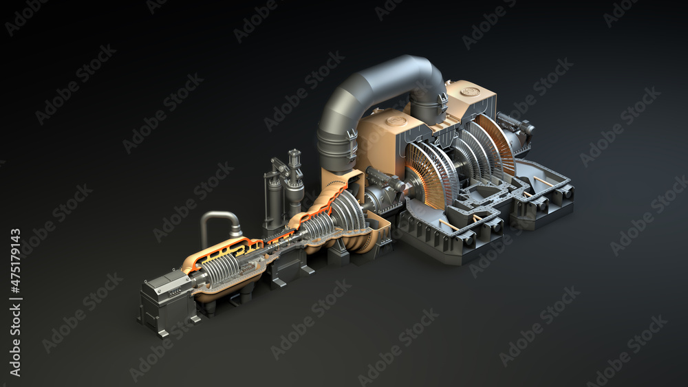Steam turbine on a dark background. Sectional view of a condensing turbine. Rotor with impeller. Disassembled steam generator. 3D illustration Steam turbine on a dark background. Sectional view of a condensing turbine. Rotor with impeller. Disassembled steam generator. 3D illustration