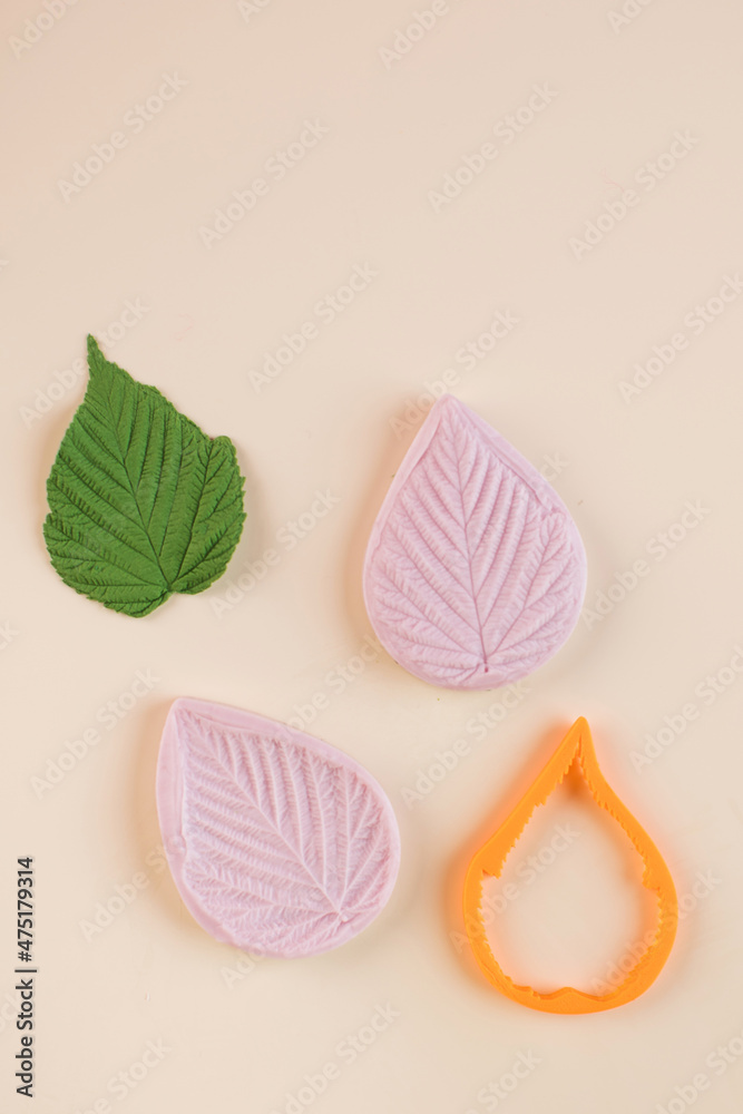 Green leaf of polymer clay press forms and cutter on beige background copy space Green leaf of polymer clay press forms and cutter on beige background copy space