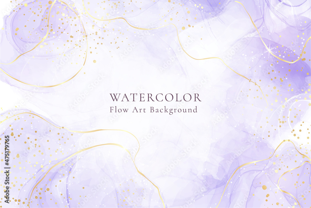 Purple lavender liquid watercolor background with golden lines. Pastel violet marble alcohol ink drawing effect. Vector illustration design template for wedding invitation, menu, rsvp