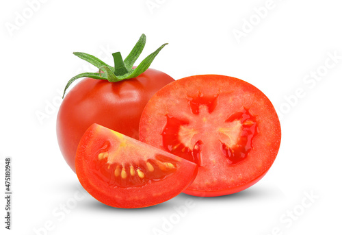 Whole and slices tomato isolated on white background.
