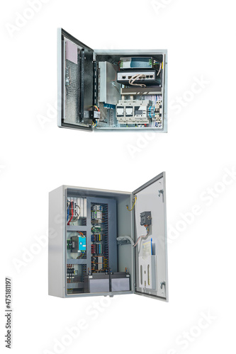 two electrical control cabinets for various purposes with an open door isolated on white background