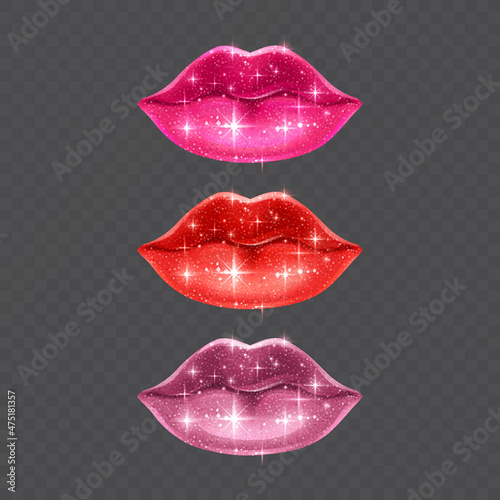 Beautiful voluminous lips on a transparent background, pink lips with a shiny glitter texture, Vector EPS 10 illustration