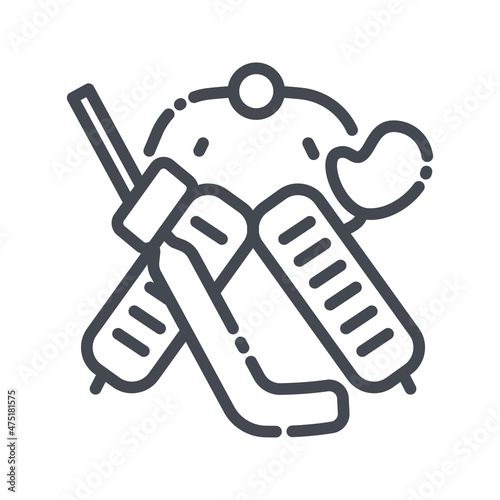 Vector hockey goalkeeper with stick and helmet equipment line icon isolated