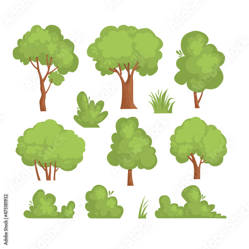 Cartoon hedge set. Garden park green bushes, gardening plants with flowers, forest vegetation, trees bush shrub with branch, bushs for game, hedges vector design. Illustration of spring park green