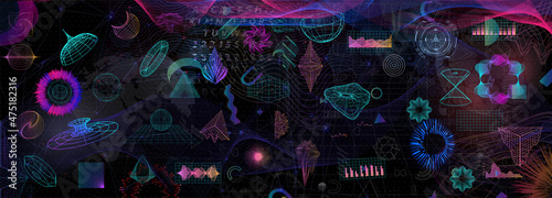 Trendy retro futuristic holographic collection. Geometric shapes, with glitch effects and abstract elements in vaporwave style from 80s-90s. Cyberpunk retro futurism set. Can be used on posters,banner