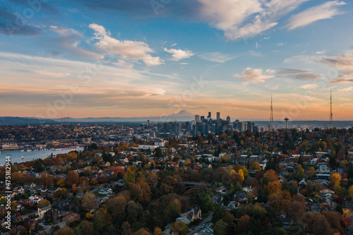 Aerial view of the cityscape of Seattle during sunset, South Lake Union