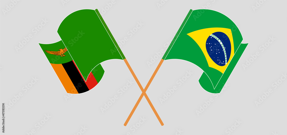Crossed and waving flags of Zambia and Brazil Crossed and waving flags of Zambia and Brazil