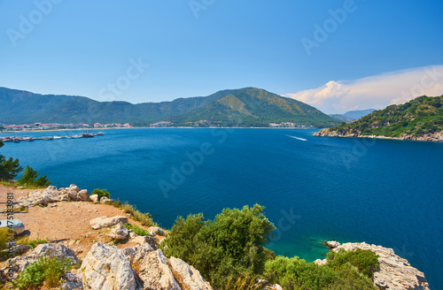 Camellia island near Marmaris in Aegean Sea, blue lagoon and rocky mountains journey trip holiday