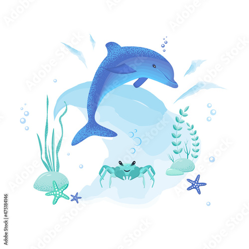 Jumping dolphin on the background of a sea wave. Vector illustration for water and marine themes.