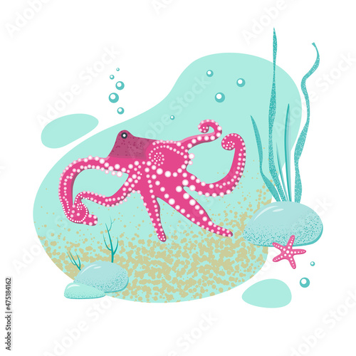 Octopus in the ocean. Underwater world. Vector illustration for water and marine themes.