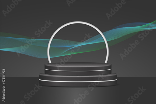 Black and green tones studio background with product display podium
