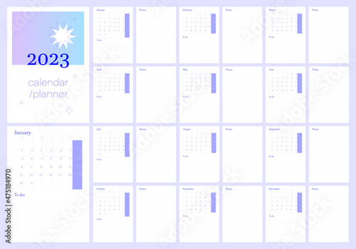 2023 calendar planner. Daily, weekly, monthly planner template. Printable to do list. Business organizer page. Paper sheet. Week starts on Monday. Trendy scheduler 12 month editable a3, a4, a5. 