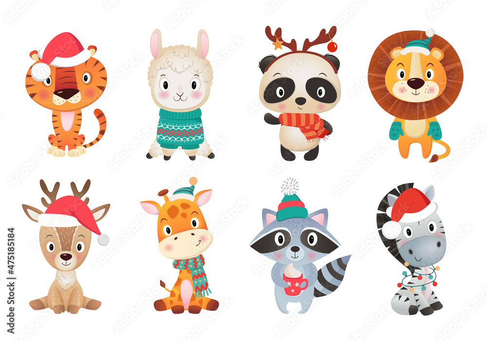 Colorful set of different Cristmas and Happy new year cute amimals on white Background Colorful set of different Cristmas and Happy new year cute amimals on white Background